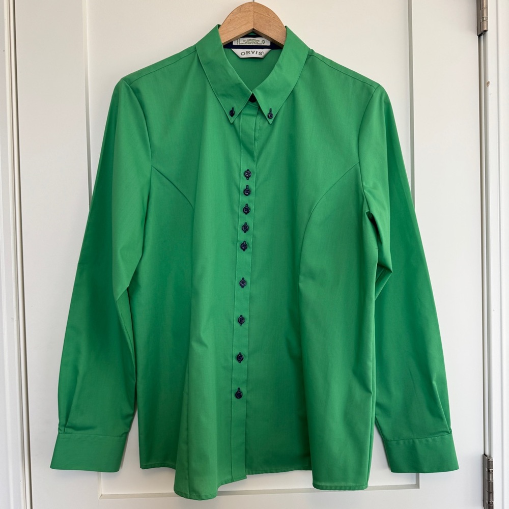 Vintage 90s Orvis Green Long-Sleeve Button-Up Shirt with Navy Accents 14
